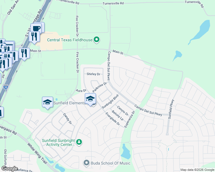 map of restaurants, bars, coffee shops, grocery stores, and more near 861 Vista Gardens Drive in Buda