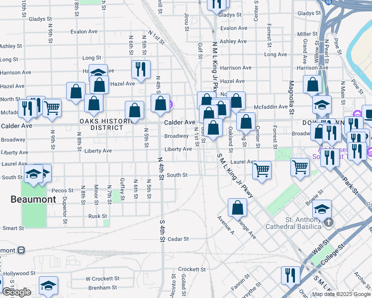 map of restaurants, bars, coffee shops, grocery stores, and more near 1799 Liberty Avenue in Beaumont