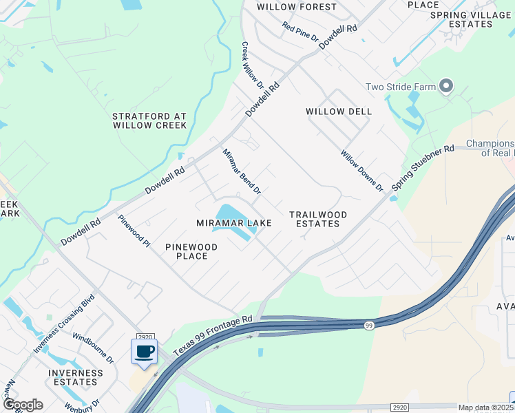 map of restaurants, bars, coffee shops, grocery stores, and more near 22514 Miramar Crest Drive in Tomball