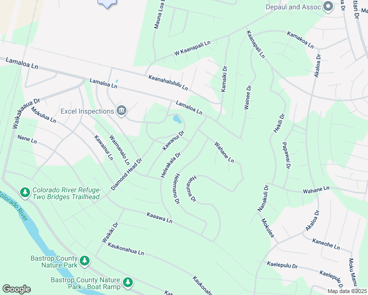 map of restaurants, bars, coffee shops, grocery stores, and more near 140 Heleakala Drive in Bastrop