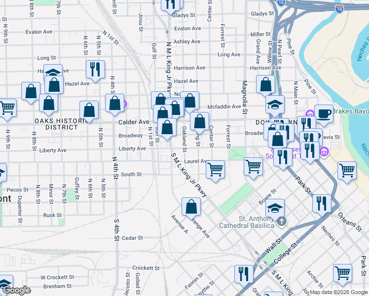 map of restaurants, bars, coffee shops, grocery stores, and more near 301 Oakland Street in Beaumont
