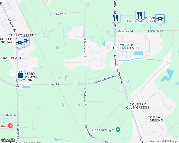 map of restaurants, bars, coffee shops, grocery stores, and more near 1201-1399 South Persimmon Street in Tomball