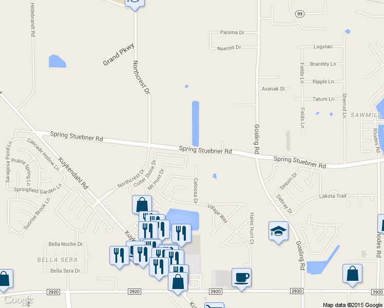 map of restaurants, bars, coffee shops, grocery stores, and more near 6006 Flagg Ranch Court in Spring