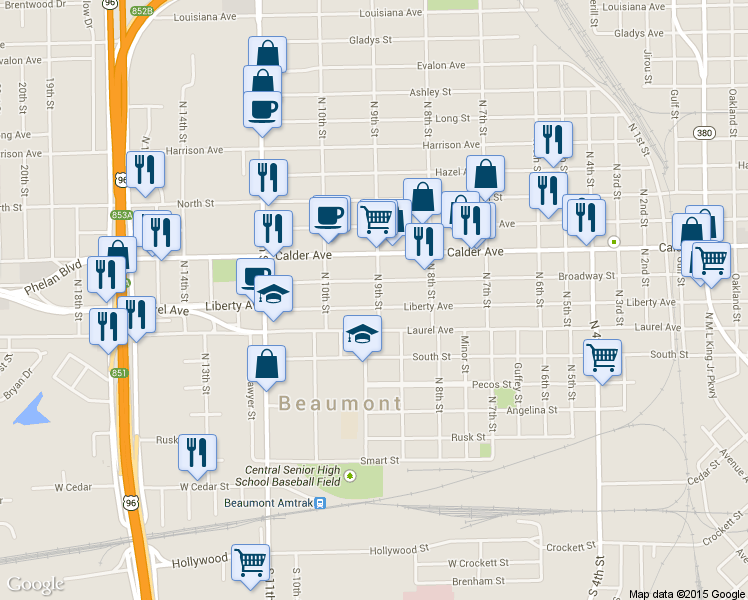 map of restaurants, bars, coffee shops, grocery stores, and more near 2520 Liberty Avenue in Beaumont