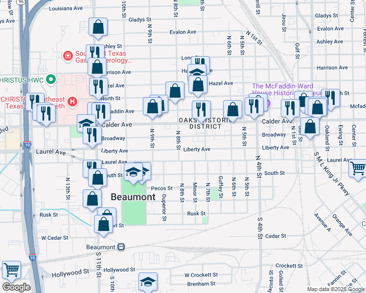 map of restaurants, bars, coffee shops, grocery stores, and more near 2370 Liberty Avenue in Beaumont