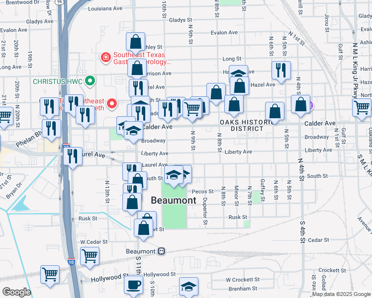 map of restaurants, bars, coffee shops, grocery stores, and more near 2520 Liberty Avenue in Beaumont