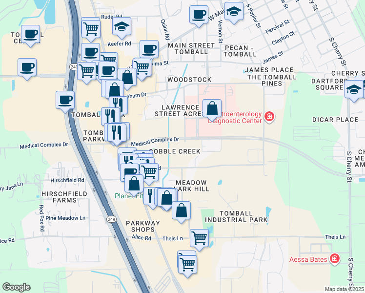map of restaurants, bars, coffee shops, grocery stores, and more near 921 Lawrence Street in Tomball
