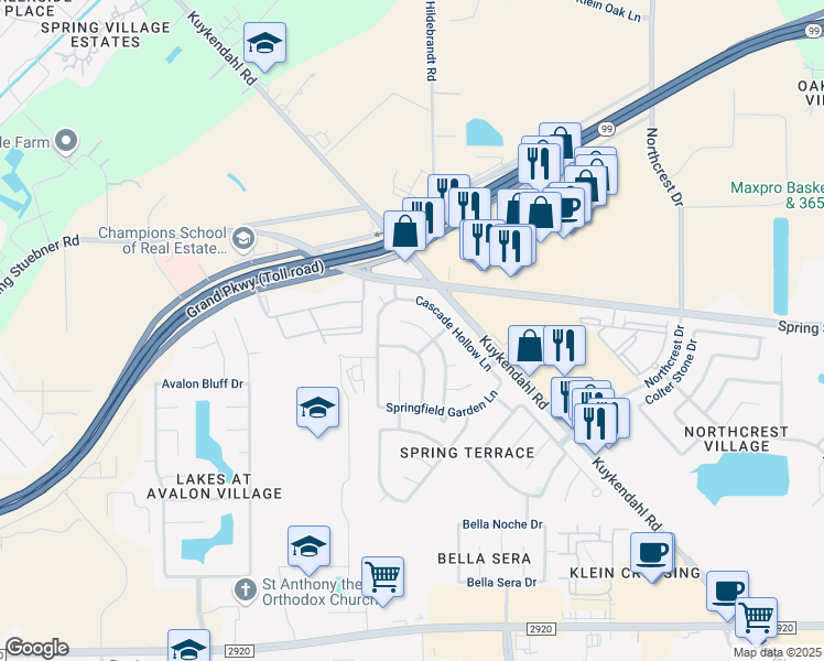 map of restaurants, bars, coffee shops, grocery stores, and more near 21911 Blossom Grove Lane in Spring