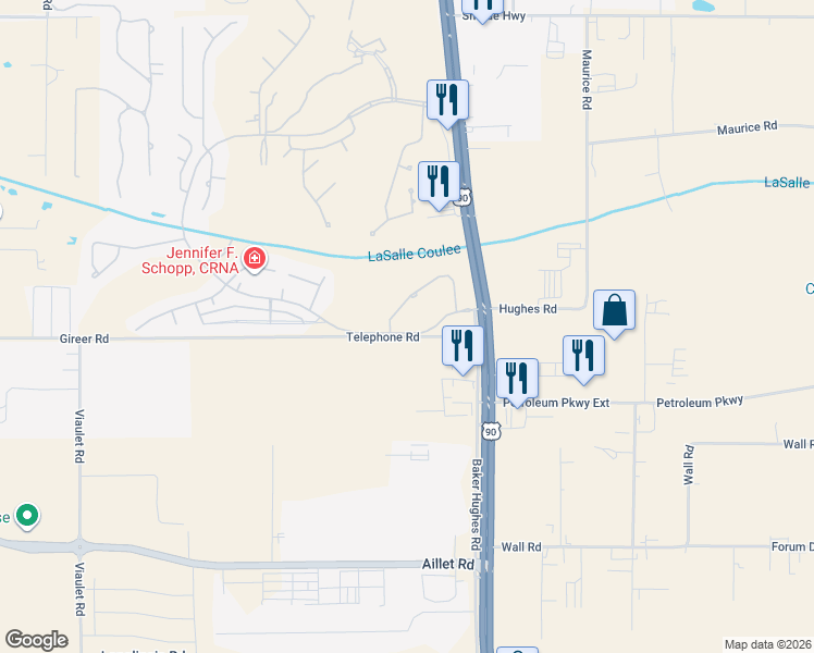 map of restaurants, bars, coffee shops, grocery stores, and more near Le Triomphe Parkway in Broussard