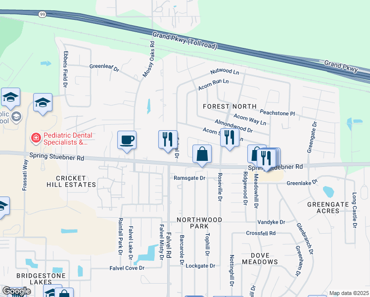 map of restaurants, bars, coffee shops, grocery stores, and more near 22019 Avonglen Lane in Spring