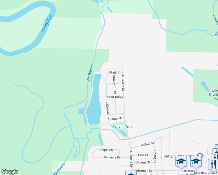 map of restaurants, bars, coffee shops, grocery stores, and more near 6008 Lakeside Drive in Liberty