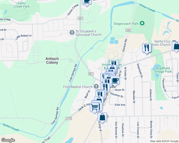 map of restaurants, bars, coffee shops, grocery stores, and more near 201 Farm to Market 967 in Buda