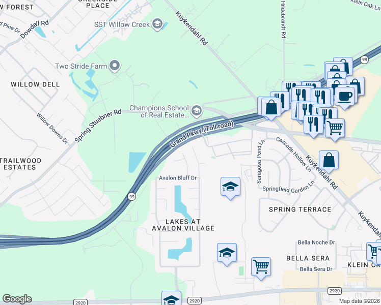 map of restaurants, bars, coffee shops, grocery stores, and more near 21923 Avalon Queen Drive in Spring