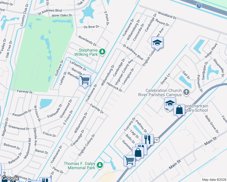 map of restaurants, bars, coffee shops, grocery stores, and more near 544 Heritage Cove in LaPlace