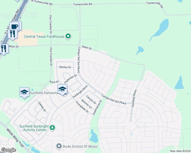 map of restaurants, bars, coffee shops, grocery stores, and more near 214 Eves Necklace Drive in Buda