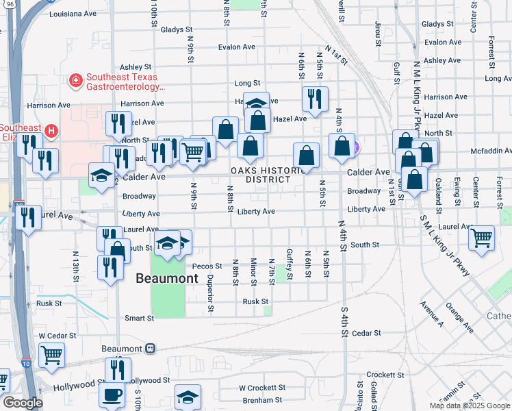 map of restaurants, bars, coffee shops, grocery stores, and more near 325 North 7th Street in Beaumont