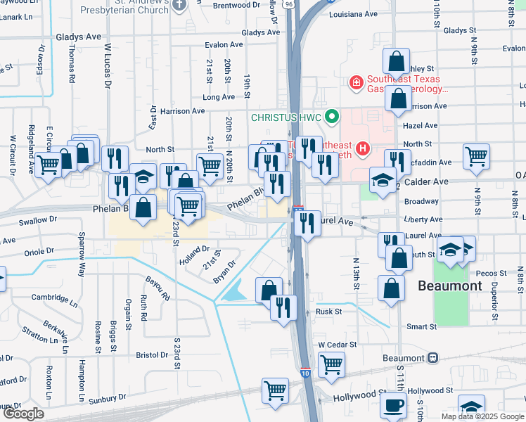 map of restaurants, bars, coffee shops, grocery stores, and more near 3475 Phelan Boulevard in Beaumont
