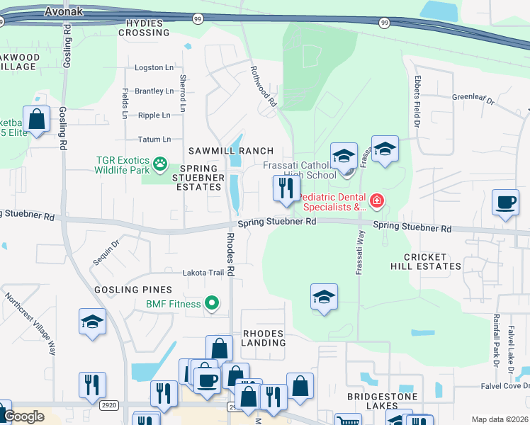 map of restaurants, bars, coffee shops, grocery stores, and more near 22002 Flashing Ridge in Spring