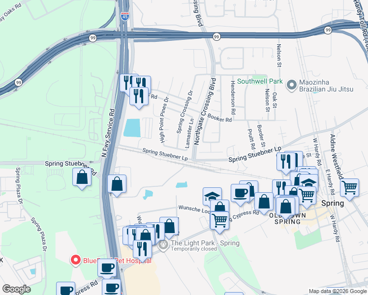 map of restaurants, bars, coffee shops, grocery stores, and more near 22207 Lamaster Lane in Spring