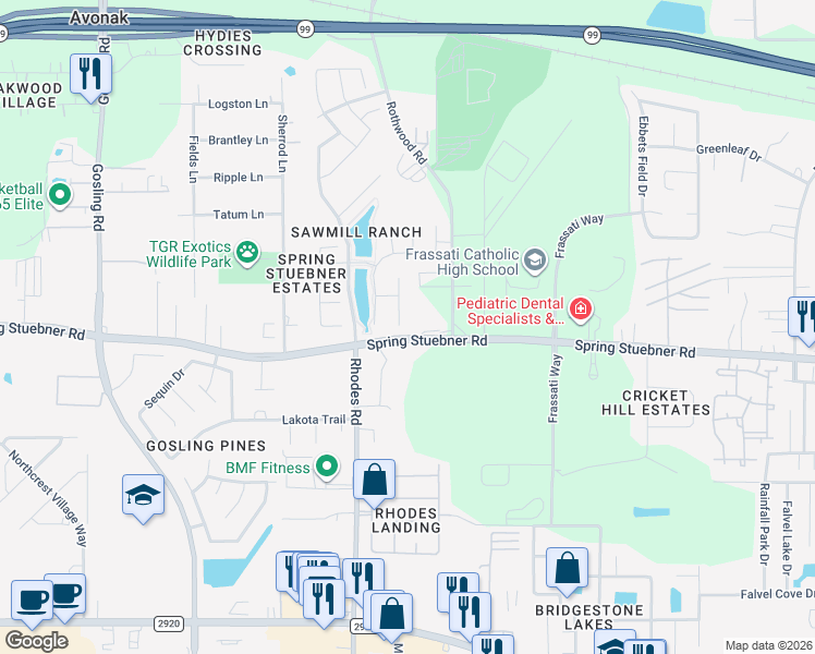 map of restaurants, bars, coffee shops, grocery stores, and more near 22002 Flashing Ridge in Spring
