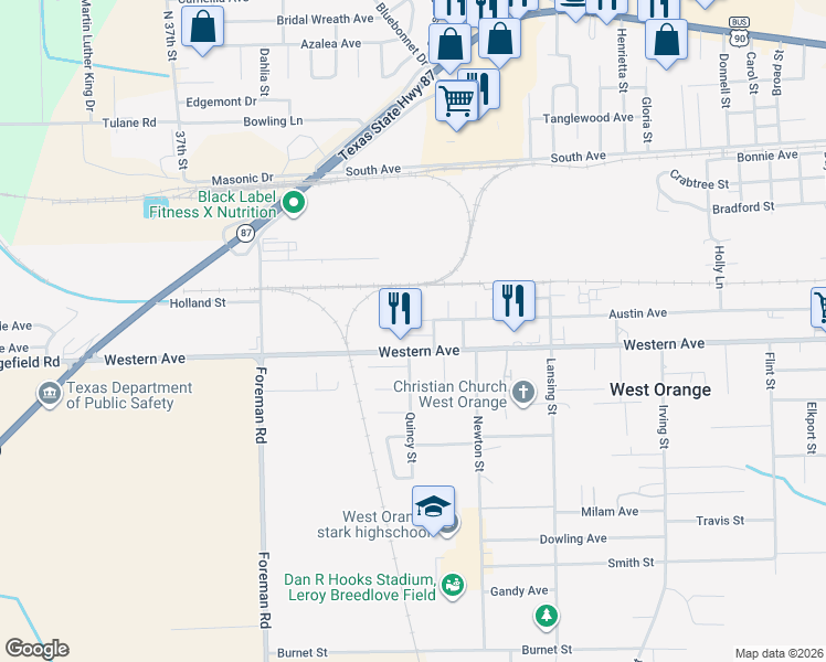 map of restaurants, bars, coffee shops, grocery stores, and more near 3205 Austin Avenue in West Orange