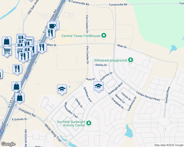 map of restaurants, bars, coffee shops, grocery stores, and more near 369 Vista Gardens Drive in Buda