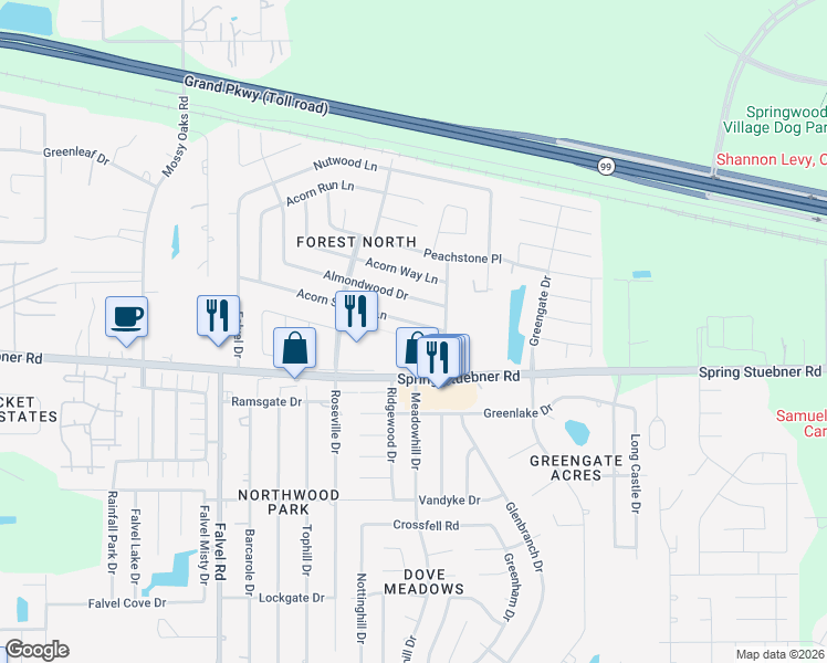 map of restaurants, bars, coffee shops, grocery stores, and more near 3423 Acorn Springs Lane in Spring