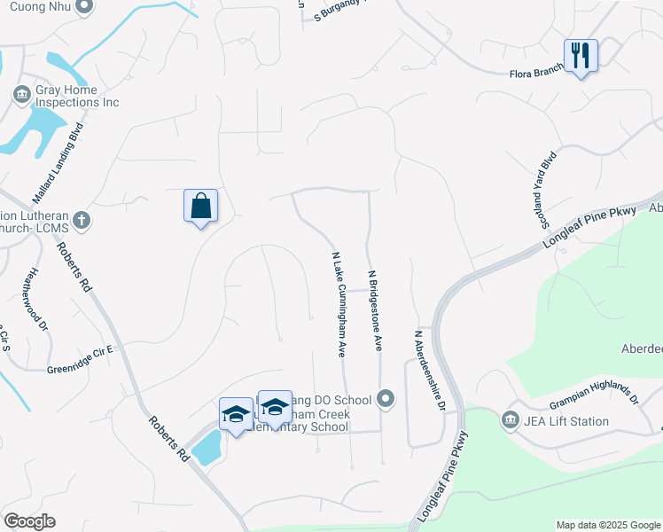 map of restaurants, bars, coffee shops, grocery stores, and more near 241 North Lake Cunningham Avenue in Jacksonville