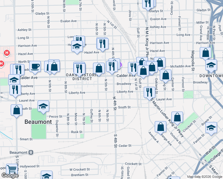 map of restaurants, bars, coffee shops, grocery stores, and more near 2012 Liberty Avenue in Beaumont