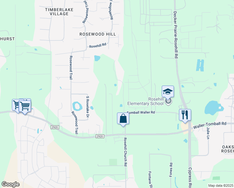 map of restaurants, bars, coffee shops, grocery stores, and more near 18402 Tomball Waller Road in Tomball