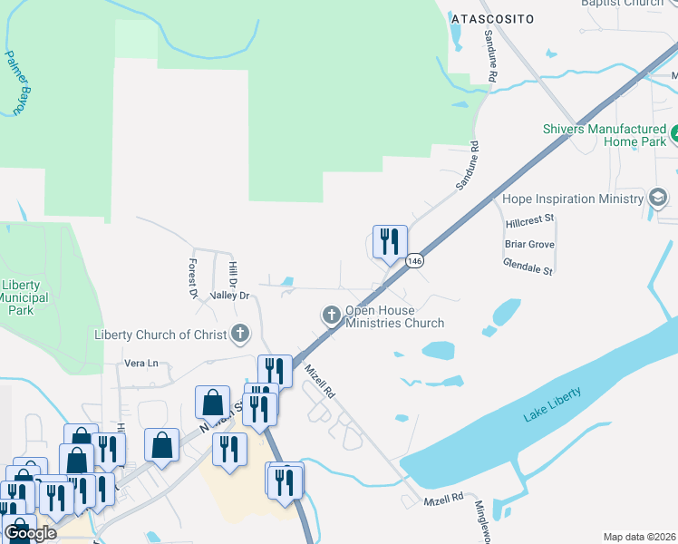 map of restaurants, bars, coffee shops, grocery stores, and more near 110 McManus Road in Liberty