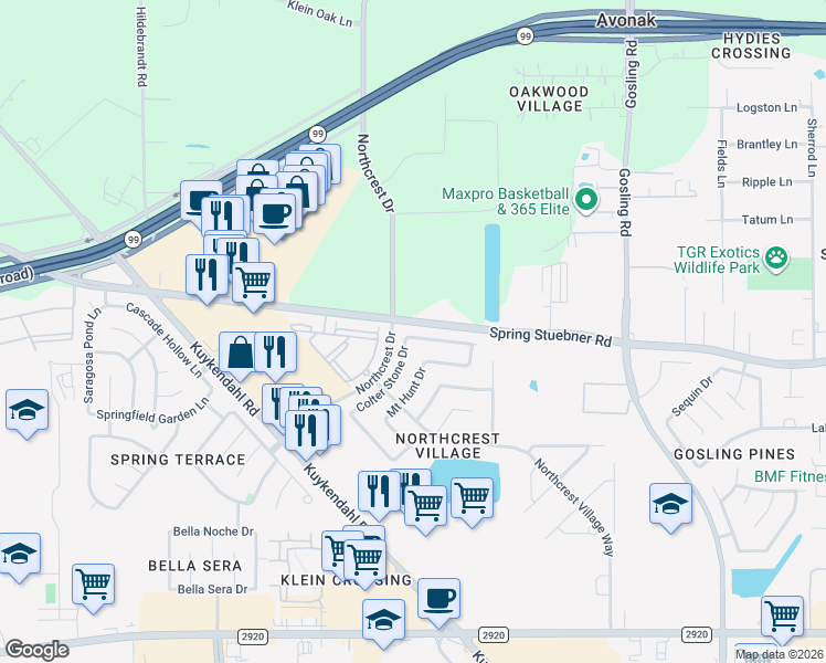 map of restaurants, bars, coffee shops, grocery stores, and more near 6226 Flagg Ranch Drive in Spring