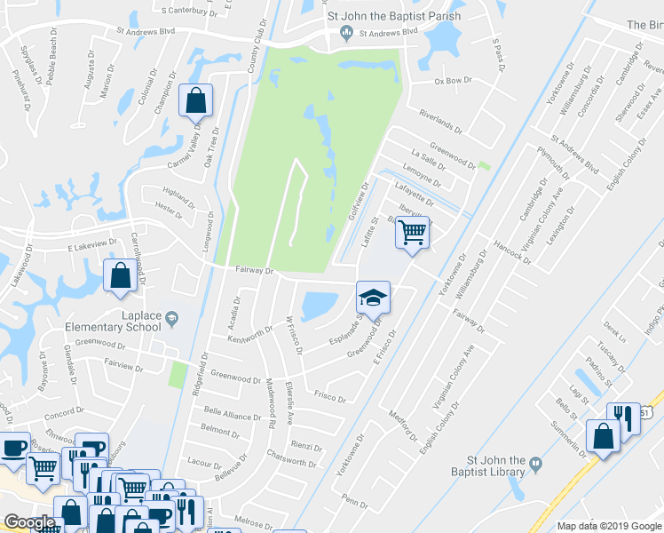 map of restaurants, bars, coffee shops, grocery stores, and more near 620 South Golfview Drive in LaPlace