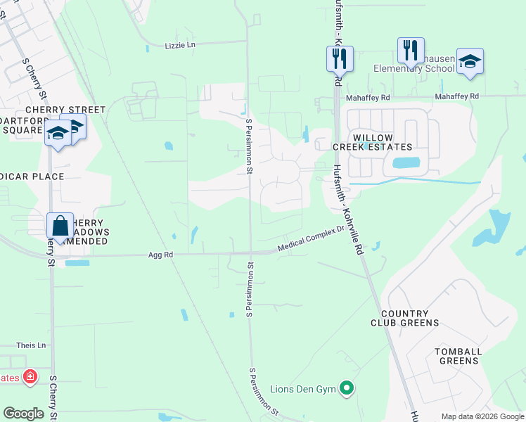 map of restaurants, bars, coffee shops, grocery stores, and more near 1201-1399 South Persimmon Street in Tomball