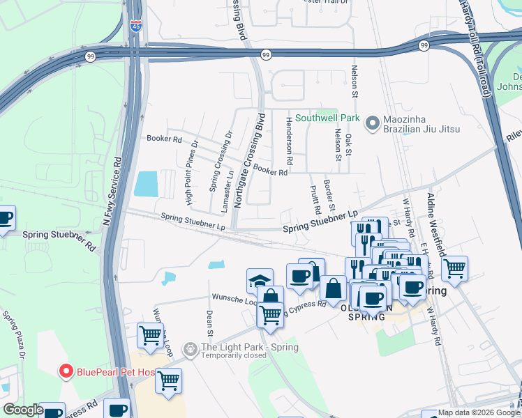 map of restaurants, bars, coffee shops, grocery stores, and more near 710 Far Pines Drive in Spring