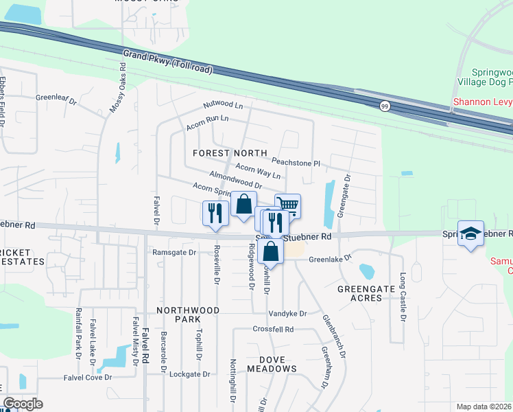 map of restaurants, bars, coffee shops, grocery stores, and more near 3423 Acorn Springs Lane in Spring