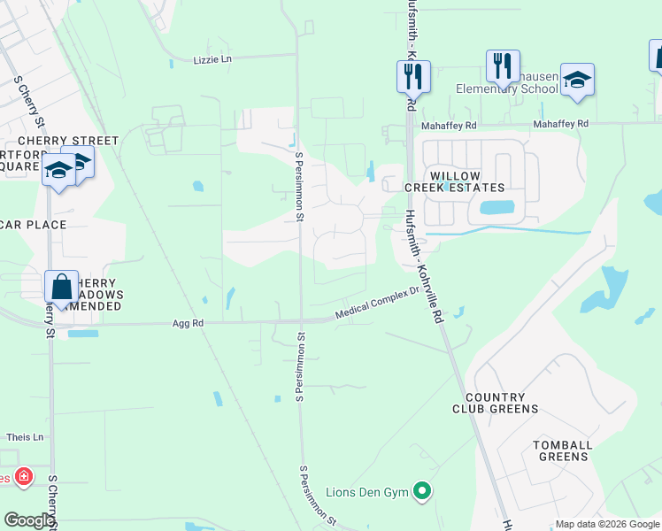 map of restaurants, bars, coffee shops, grocery stores, and more near 1201-1399 South Persimmon Street in Tomball