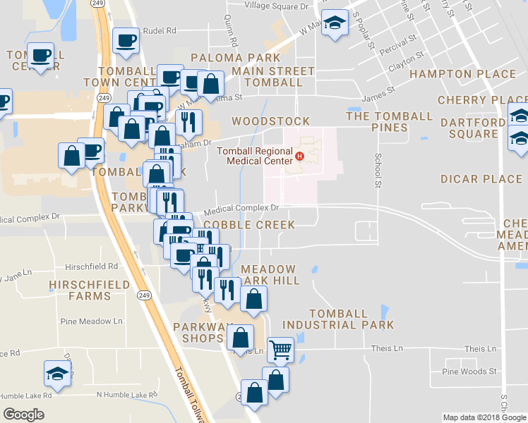 map of restaurants, bars, coffee shops, grocery stores, and more near 1022 Lawrence Street in Tomball