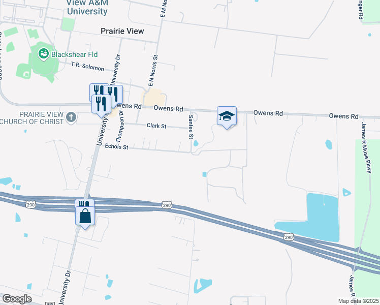 map of restaurants, bars, coffee shops, grocery stores, and more near 400 Echols Street in Prairie View