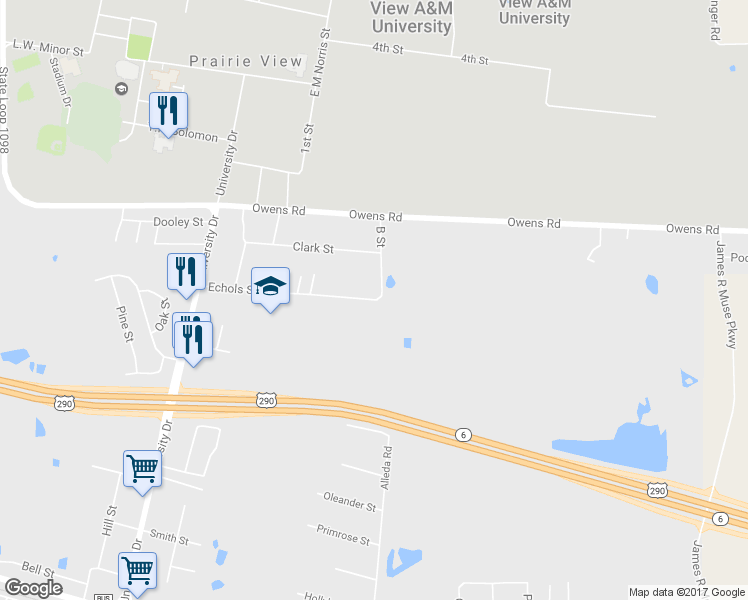 map of restaurants, bars, coffee shops, grocery stores, and more near 400 Echols Street in Prairie View