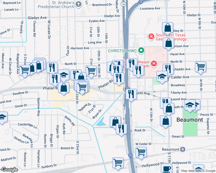 map of restaurants, bars, coffee shops, grocery stores, and more near 3475 Phelan Blvd in Beaumont