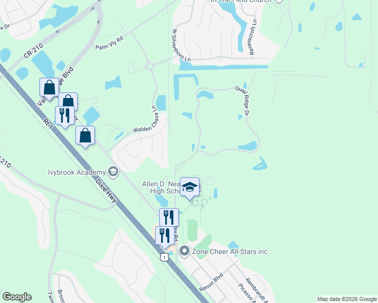 map of restaurants, bars, coffee shops, grocery stores, and more near 10604 Quail Ridge Drive in Ponte Vedra Beach