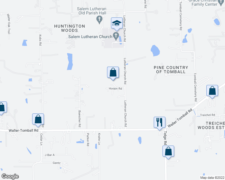 map of restaurants, bars, coffee shops, grocery stores, and more near 22037 Lutheran Church Road in Tomball