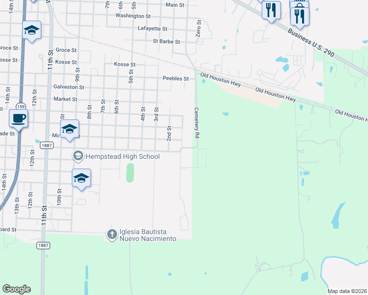 map of restaurants, bars, coffee shops, grocery stores, and more near 150 Donoho Street in Hempstead