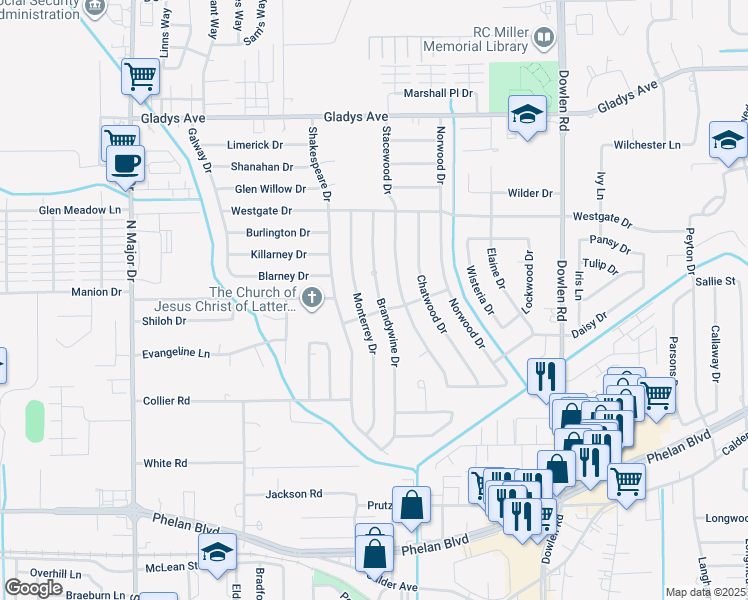 map of restaurants, bars, coffee shops, grocery stores, and more near 1045 Brandywine Drive in Beaumont
