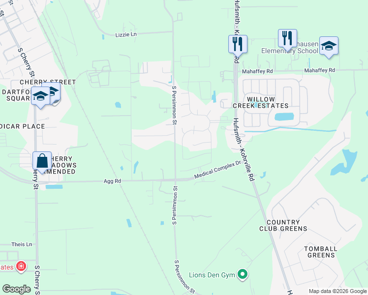 map of restaurants, bars, coffee shops, grocery stores, and more near 1201-1399 South Persimmon Street in Tomball