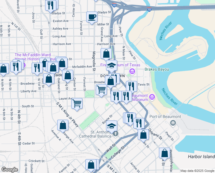 map of restaurants, bars, coffee shops, grocery stores, and more near 300 Willow Street in Beaumont