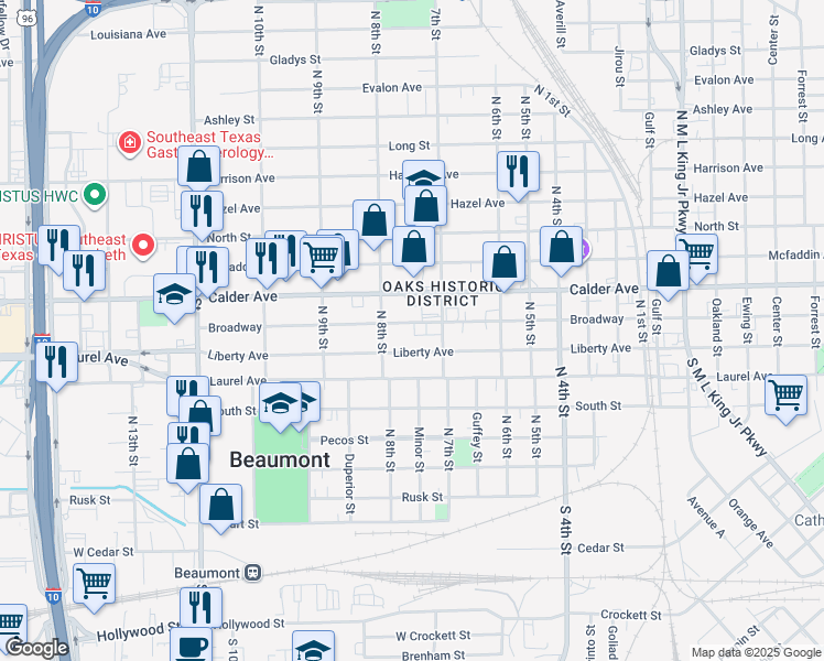 map of restaurants, bars, coffee shops, grocery stores, and more near 2370 Liberty Avenue in Beaumont