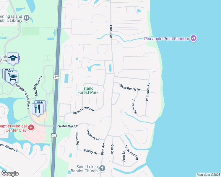 map of restaurants, bars, coffee shops, grocery stores, and more near 6106 Pine Avenue in Fleming Island