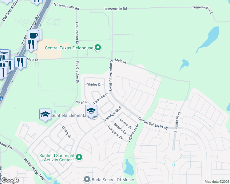 map of restaurants, bars, coffee shops, grocery stores, and more near 861 Vista Gardens Drive in Buda